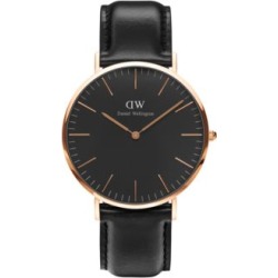 Montre analogique classique noire et dorée avec bracelet en cuir