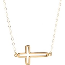 Pendentif fixe en forme de croix ajouree en or jaune 14 K poli accompagne d'une petite chaine cable. Longueur totale: 4