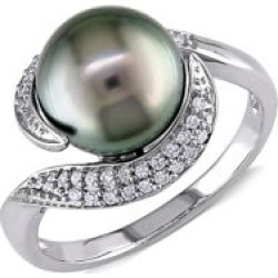 Bague en or blanc 10 ct avec perle de Thaiti noire de 9 à 9,5 mm et diamants de 0,14 ct PT