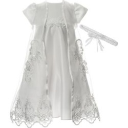 Christening Gown with Removable Embroidered Sheer Overlay with Floral Headband