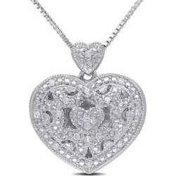 Collier en argent sterling avec médaillon en forme de caur et diamants 0,08 ct