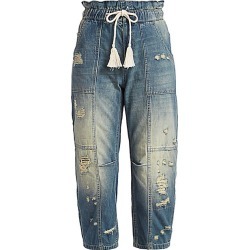 Free People Women's In My Time Crop Denim Cargo Pants - Blue - Size Large