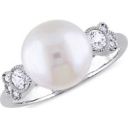 Bague en or blanc 10 ct avec perle d'eau douce de 9,5-10 mm, saphir blanc et diamants de 0,03 ct PT