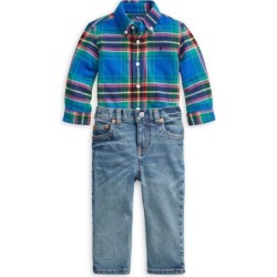 Ensemble de jean délavé et chemise en sergé de coton pour bébé garçon, 2 pièces