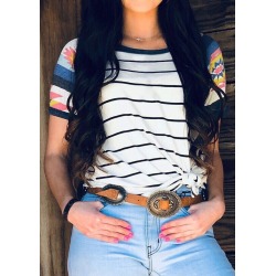 Striped Aztec Geometric Printed O-Neck T-Shirt Tee - White