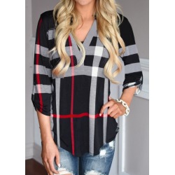 Plaid Irregular V-Neck Fashion Blouse