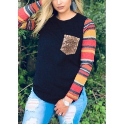 Striped Splicing Sequined Pocket T-Shirt Tee - Navy Blue
