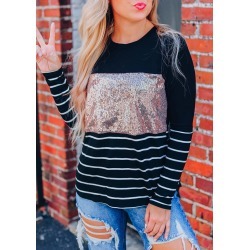 Striped Sequined Splicing T-Shirt Tee - Black