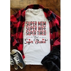 Plaid Splicing Super Mom Super Wife Super Tired T-Shirt Tee - White