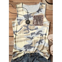 Sequined Pocket Camouflage Printed Tank