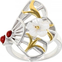 Red Sponge Coral With Mother Of Pearl Rhodium & 18K yellow Gold Over Silver Two-Tone Ring