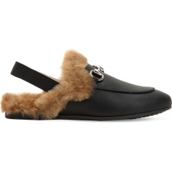 Horsebit Leather Mules W/ Faux Fur