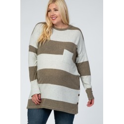 Olive Striped Soft Knit Button Up Side Maternity Plus Top