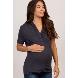 Charcoal Solid Short Sleeve Wrap Front Maternity/Nursing Top