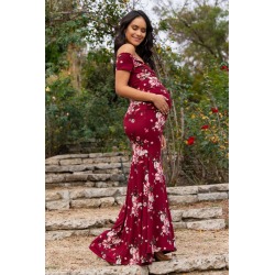 Burgundy Floral Off Shoulder Wrap Maternity Photoshoot Gown/Dress