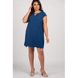 Blue Keyhole Cutout Scallop Trim Plus Dress