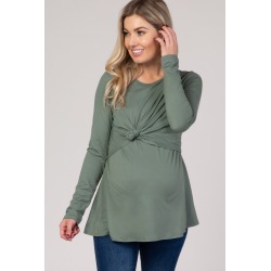 PinkBlush Olive Front Knot Long Sleeve Maternity Nursing Top