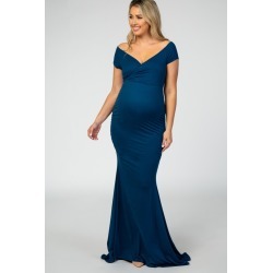 Dark Teal Off Shoulder Wrap Maternity Photoshoot Gown/Dress