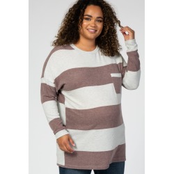Burgundy Striped Soft Knit Button Up Side Maternity Plus Top