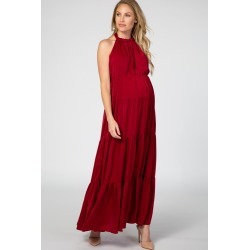 Burgundy Open Back Adjustable Strap Halter Neck Tiered Maternity Gown