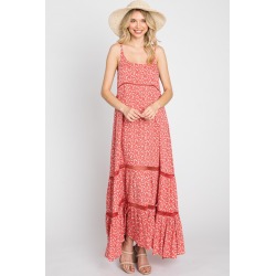 Coral Ditsy Floral Crochet Accent Maxi Dress