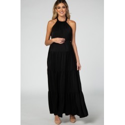 Black Open Back Adjustable Strap Halter Neck Tiered Maternity Gown