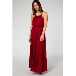 Burgundy Open Back Adjustable Strap Halter Neck Tiered Gown