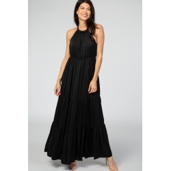 Black Open Back Adjustable Strap Halter Neck Tiered Gown