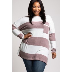Burgundy Striped Soft Knit Button Up Side Plus Top