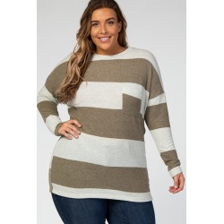 Olive Striped Soft Knit Button Up Side Plus Top