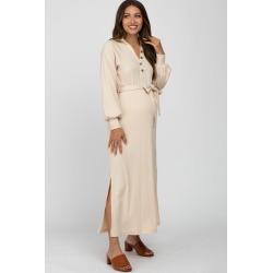 Beige Button Accent Collared Maternity Maxi Dress