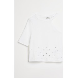 River Island Girls white asymmetric embellished ribbed top