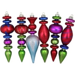6 Multi Colored Glitter Finial Asymmetrical Glass Christmas Ornaments