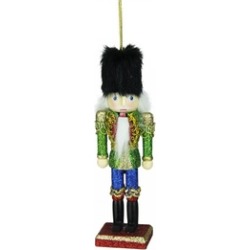6" Green Blue Gold Wood Glitter Christmas Soldier Nutcracker Ornament