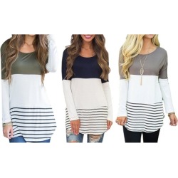 Women's Back Lace Color Block Tops Long Sleeve T-Shirts Blouses S-5XL