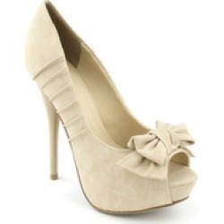 Beige Open Toe Pleated Bow Platform Pumps Heels Womens