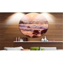 Foam Waves Hitting Rocky Coast' Large Seashore Metal Circle Wall Art