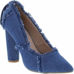 Blue Denim Frayed Rear Lace Up Chunky High Heels Pumps
