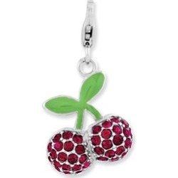 Sterling Silver Rhodium Plated Enameled 3-D Cherries w/Lobster Charm
