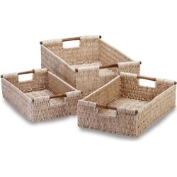 Set of 3 Woven Corn Husk Nesting Storage Baskets Bamboo Handles