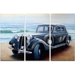 Retro Car on Sea Shore Car Painting Metal Wall Art 36x28 3 Panels