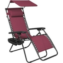 Folding Zero Gravity Lounge Chair W/ Canopy & Cup Holder- Burgundy