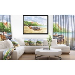 Watercolor Fishing Boats - Landscape Art Print Framed Canvas