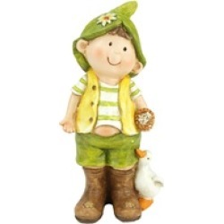 9.75" Young Boy Gnome Standing with Duck Outdoor Garden Patio Figure