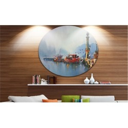 Fishing Boats in Harbor' Disc Landscape Painting Circle Metal Wall Art