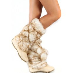 Beige Super Furry Pom-pom Winter Flat Boots Vegan