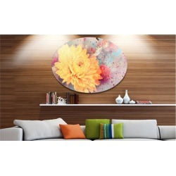 Aster Flower with Watercolor Splashes' Disc Flower Artwork on Large Metal Circle