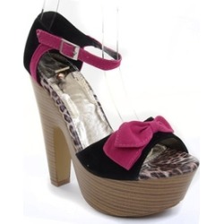Fuchsia Faux Suede Bow Ankle Buckle Wooden Platform Chunky Heels