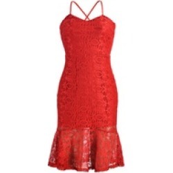 Elegant Ladies Red Lace Bodycon Cocktail Party Dress