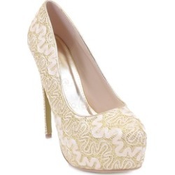 Lace Overlay Glitter Almond Toe Stiletto Platform Pump Gold